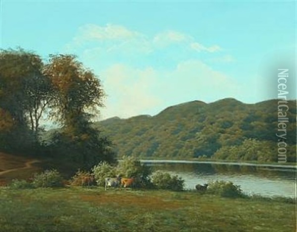 Cows By A Lake Oil Painting - Carl Frederik Bartsch