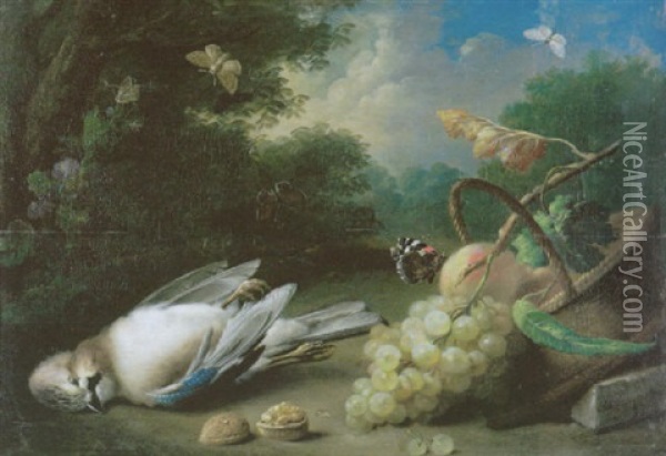 Fruchte In Einem Korb, Insekten, Nusse Und Ein Vogel Vor Einer Landschaft Oil Painting - Johann Baptist Drechsler