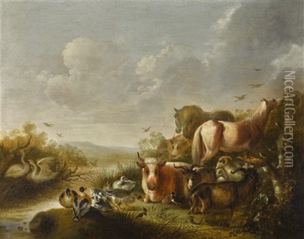 Animals In A Landscape Oil Painting - Gysbert Gillisz de Hondecoeter