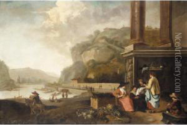 An Extensive Italianate River Landscape With Vegetable Sellers Amongst Classical Ruins Oil Painting - Hendrick Mommers