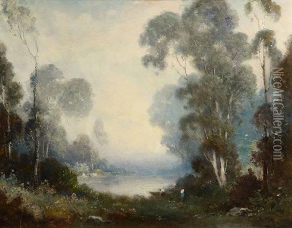 Figures And Trees By A Misty Lake Oil Painting - Alexis Matthew Podchernikoff