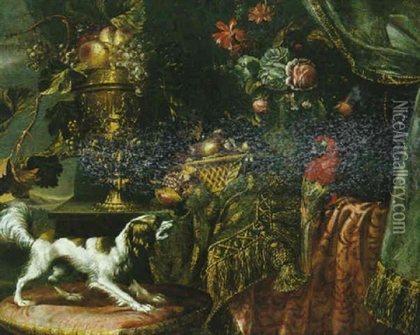 Nature Morte A La Coupe De Raisin, Bouquet De Fleurs, Ara Et Petit Chien Oil Painting - Reynaud Levieux