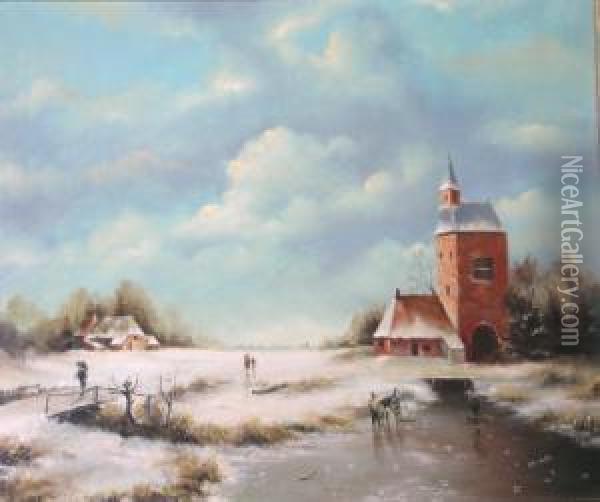 Figures In A Dutch Winter Landscape Oil Painting - Joseph Gerardus van Jole