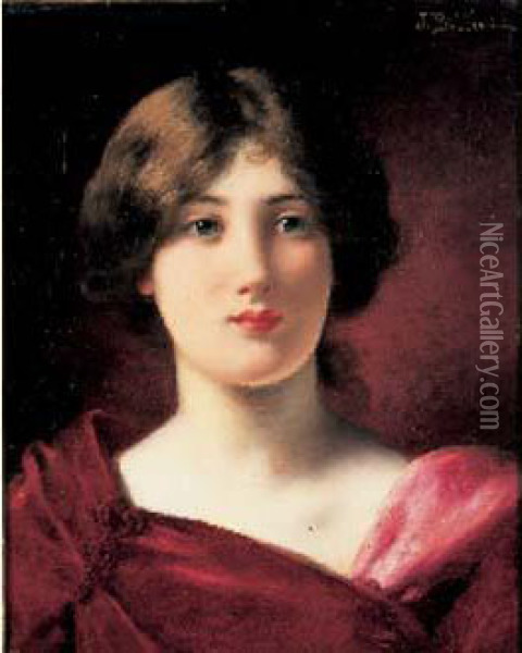 Portrait De Femme A La Robe Pourpre Oil Painting - Jules Frederic Ballavoine