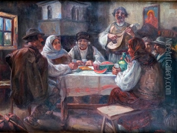 Repas Paysan Avec Joueur De Mandoline Et Jeu De Cartes En Roumanie Oil Painting - Jean Neylies