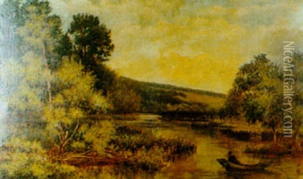 Punting, Possibly On The Upper Reaches Of The Thames Oil Painting - William Gosling