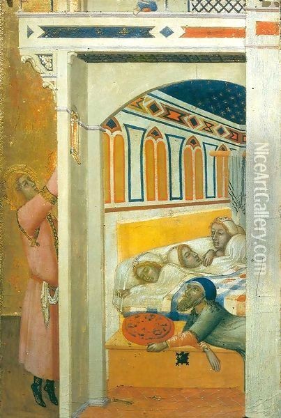 Saint Nicolas giving the Poor Girls their Dowry 2 Oil Painting - Ambrogio Lorenzetti