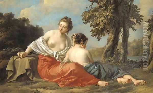 A girl tying up another girls hair by a riverbank Oil Painting - Jean Baptiste Pierre