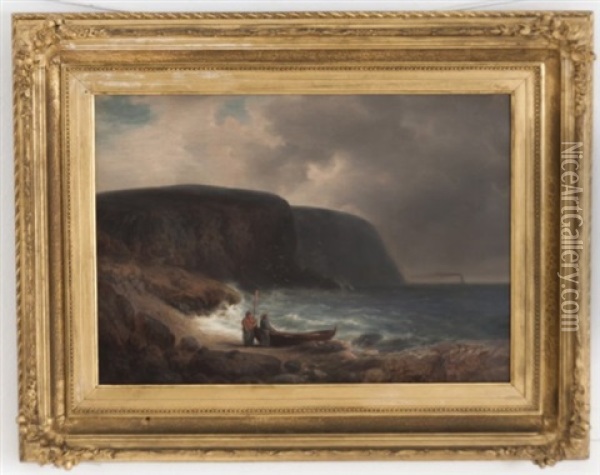 Coastal Scene With Fisherman Oil Painting - Hermann Herzog
