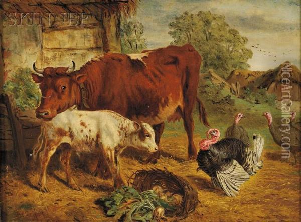Barnyard With Cows And Turkeys Oil Painting - Henry Bryant