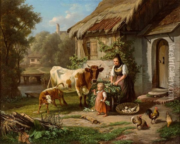 Landliches Idyll Oil Painting - Johann Baptist Hofner