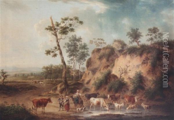 Peasants With Cattle In An Open Landscape Oil Painting - Henri-Joseph Antonissen