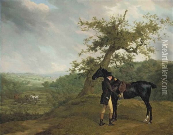 George Irving With His Black Hunter Beneath A Blasted Oak, Hounds Being Put Into A Covert Beyond Oil Painting - Jacques-Laurent Agasse