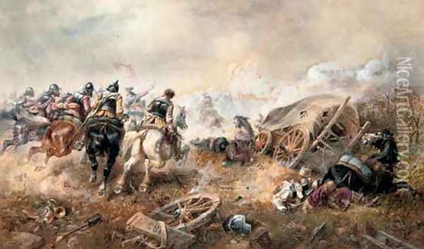 War - The attack on the baggage train at the battle of Edgehill Oil Painting - Richard Beavis