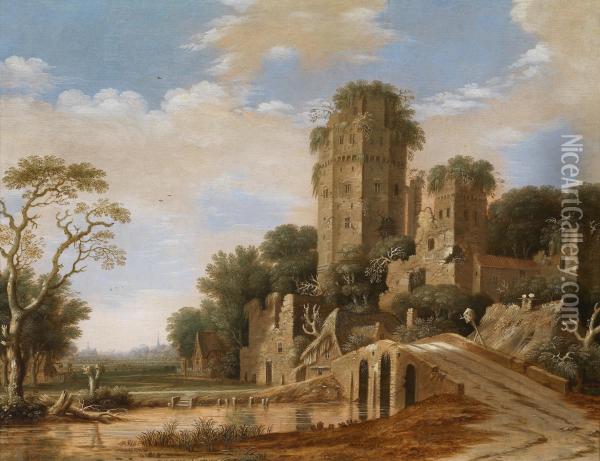 Castle Ruins In A River Landscape Withfishermen Oil Painting - Rafael Govertsz. Camphuysen