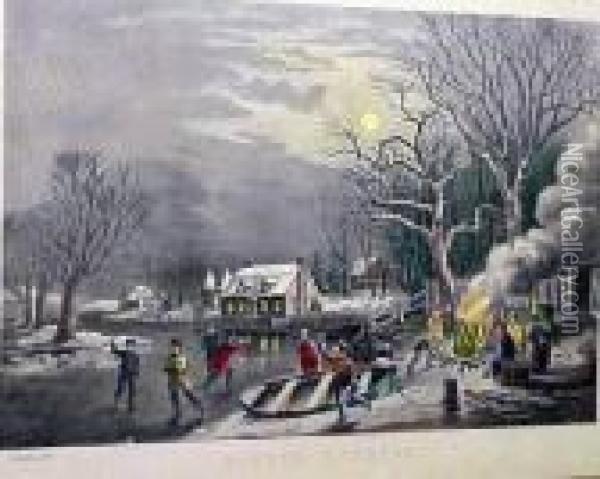 Winter Evening And Winter Pastime Oil Painting - Currier