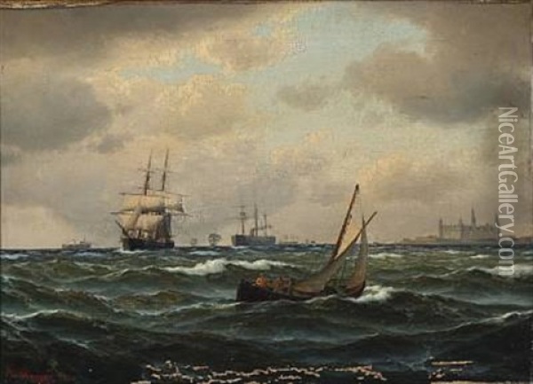 Seascape With Numerous Ships Off Kronborg Castle Oil Painting - Carl Emil Baagoe