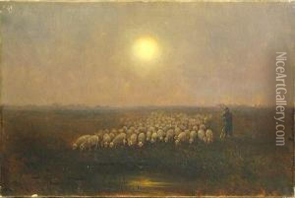 A Shepherd Leading His Flock To Water Oil Painting - Hugo Anton Fisher