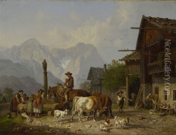 Gebirgsdorf Mit Brunnen Oil Painting - Heinrich Buerkel