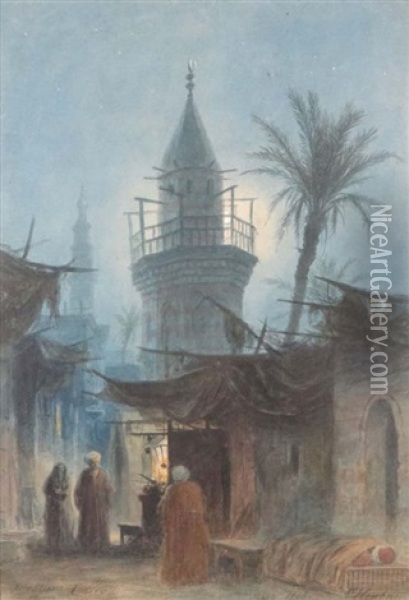 Old Street Of Cairo With Mosque And Figures Oil Painting - Hermann Ludwig Heubner