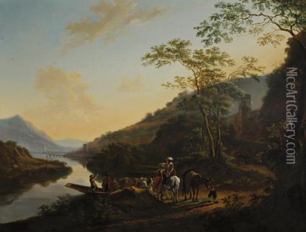 Travellers Approaching A Shore Before An Italianate River Landscape Oil Painting - Jan Both
