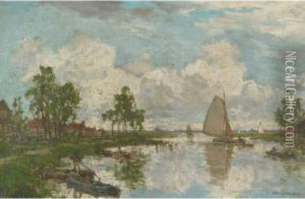 Canal Near Warmond Oil Painting - Johann Hendrik Van Mastenbroek