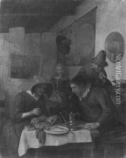 Bauerliches Interieur Mit Vier Personen Um Einem Tisch Oil Painting - Richard Brakenburg