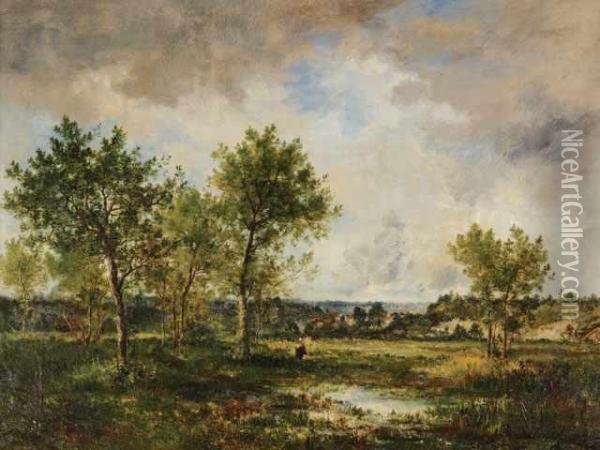 Boisiere En Foret, Au Fond Un Village Oil Painting - Louis-Francois-V. Watelin