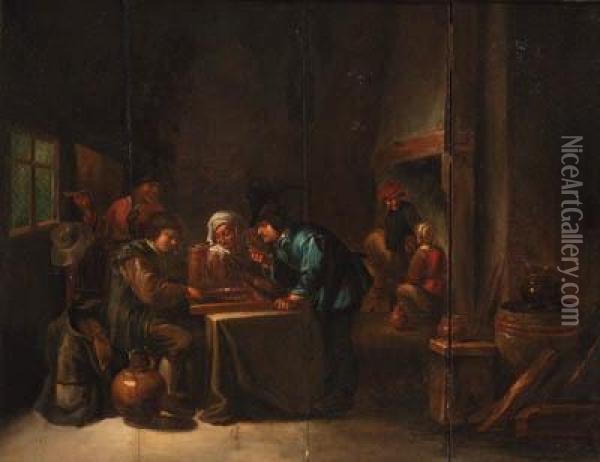 Peasants Playing Backgammon In An Interior Oil Painting - David The Younger Teniers