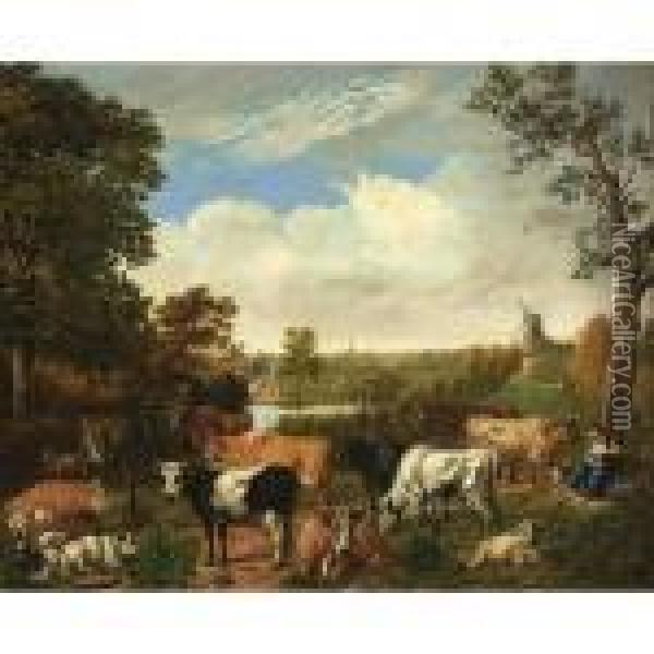 A Wooded Landscape With A 
Shepherdess Resting Under A Tree With Sheep, Goats And Cows, Rijswijk 
With The Oude Kerk Beyond Oil Painting - Jan van Gool