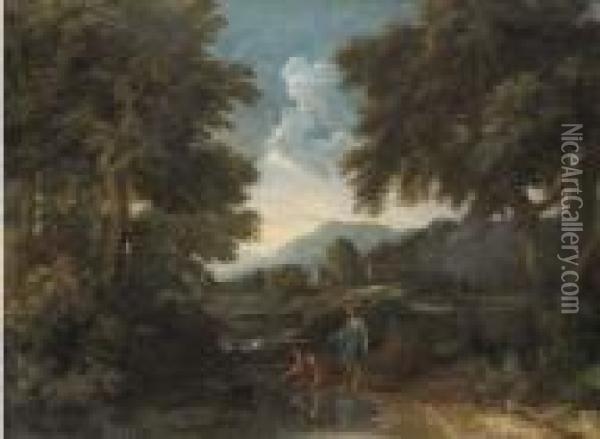 A Wooded Landscape With Classical Figures By A River Oil Painting - Gaspard Dughet Poussin