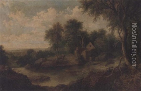 Figures In A River Landscape Oil Painting - Edward Armfield