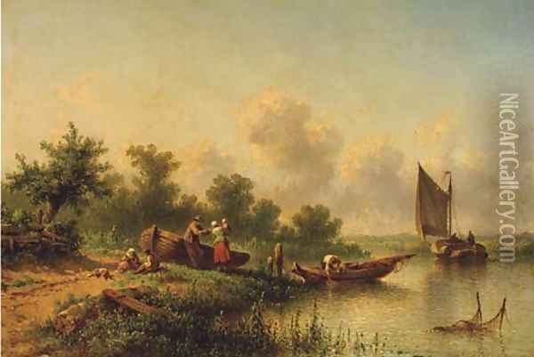 A fisherfamily standing by a river on a sunny day Oil Painting - Johannes Hilverdink