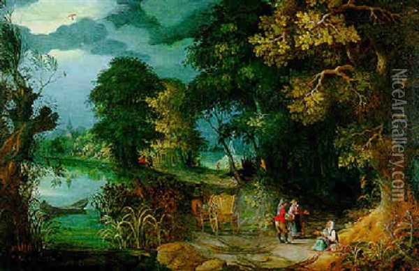 Flusslandschaft Mit Einem Pferdefuhrwerk Und Wanderern Oil Painting - Abraham Govaerts