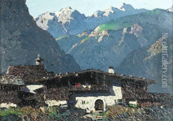 Bergbauernhof Vor Eindrucksvoller Gebirgskulisse Oil Painting - Oskar Mulley