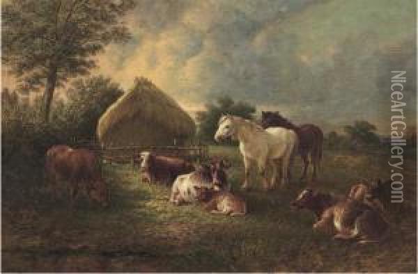 Cows And Horses Grazing In A Pasture Oil Painting - Henry Charles Bryant