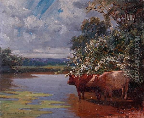 Cattle Watering Oil Painting - Ernest O. Cooke