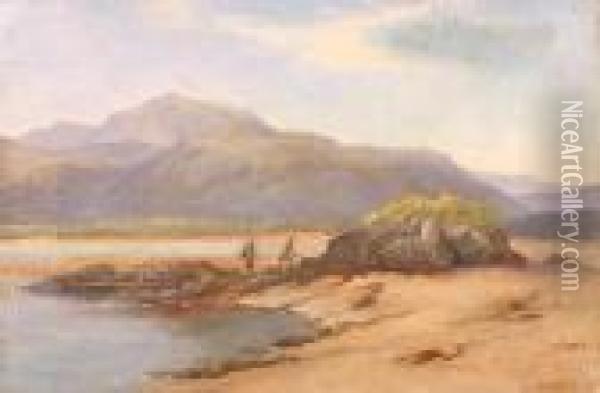 Figures On A Beach With Mountains Beyond Oil Painting - John Bates Noel
