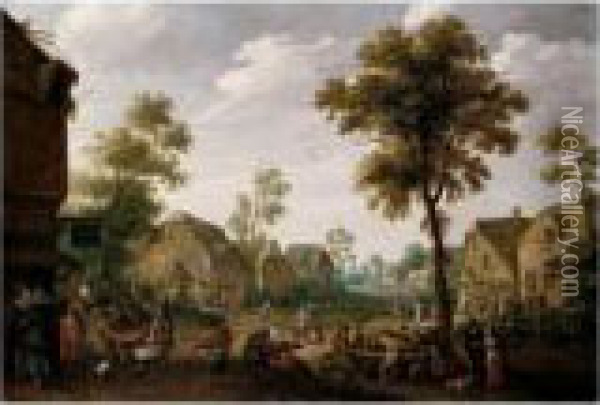 A Crowded Village Scene With Figures Drinking Before A Tavern Oil Painting - Joost Cornelisz. Droochsloot