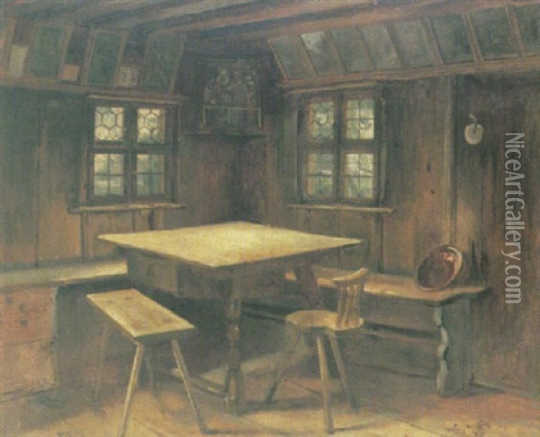 Blick In Eine Malerische Bauernstube Mit Bleiverglasten Fenstern Oil Painting - Adolf Eberle