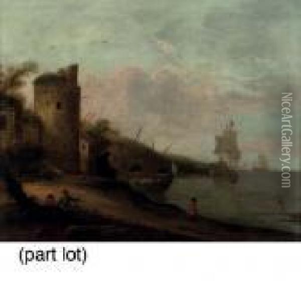 A Coastal Landscape With Figures
 Conversing By A Tower, Shipping Beyond; And A Coastal Landscape With 
Figures Conversing Near Ancient Ruins, Shipping Beyond Oil Painting - Franz Ferg