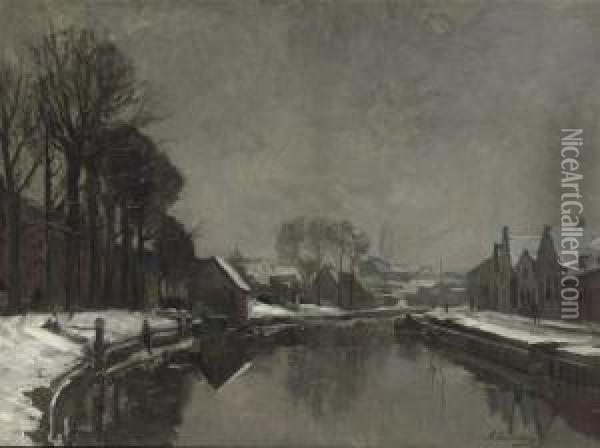 A Belgian Town In Winter Oil Painting - Albert Baertsoen