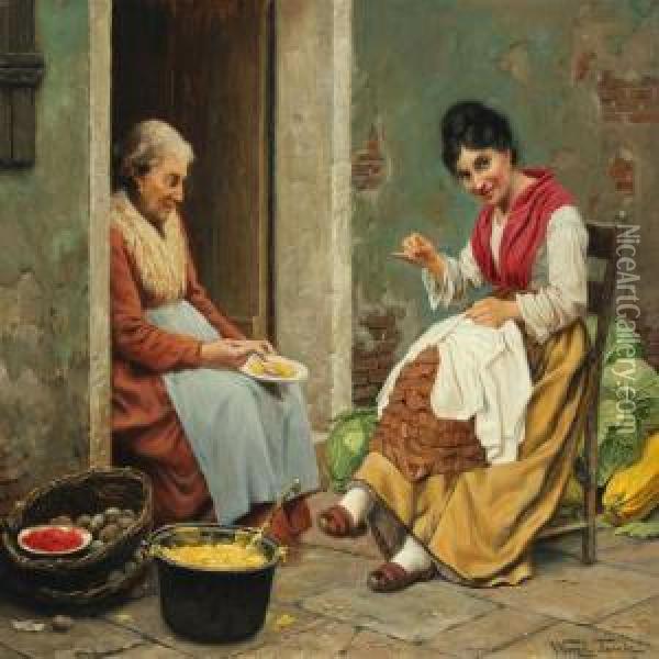 Two Italian Women Sitting In Front Of An Old House Oil Painting - Wenzel Ulrik Tornoe