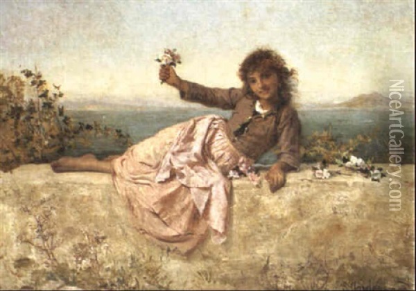 A Young Flower Seller Oil Painting - Sophie Anderson
