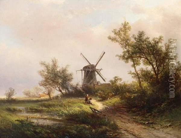 A Summer Landscape With Figures Near A Windmill Oil Painting - Pieter Lodewijk Francisco Kluyver