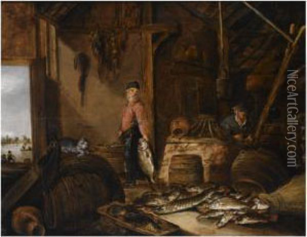 A Fisherman In His Barn With 
Fresh-water Fish, A Woman In The Background, A Cat Playing With A Fish 
On A Barrel In The Foreground Oil Painting - Pieter de Putter