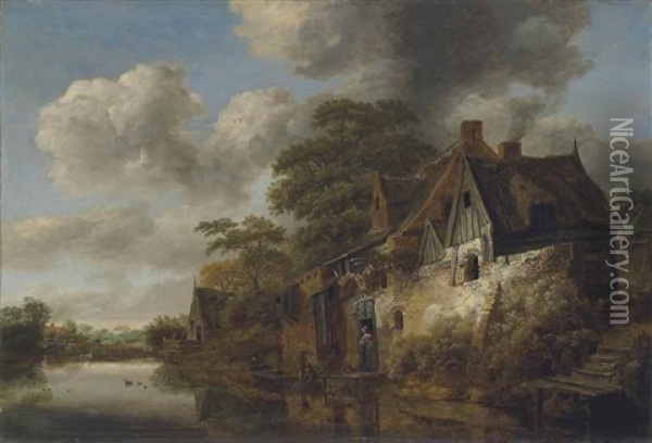 A River Landscape With A Woman At The Door Of A Cottage And A Fisherman Bringing In His Catch Oil Painting - Cornelis Gerritsz Decker