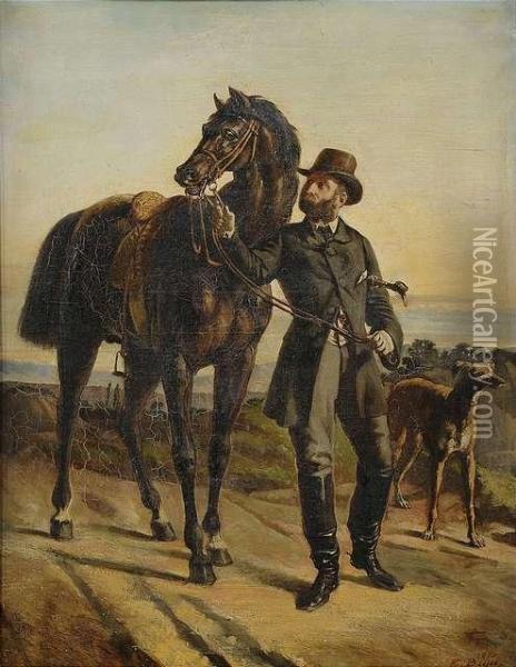 Portrait Of Agentleman Rider With His Black Horse And A Sighthound In Front Of Alandscape. Oil Painting - Eugene Beyer