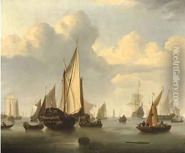 A States Yacht in a calm with a Dutch three-master and other boats Oil Painting - Willem van de Velde the Younger