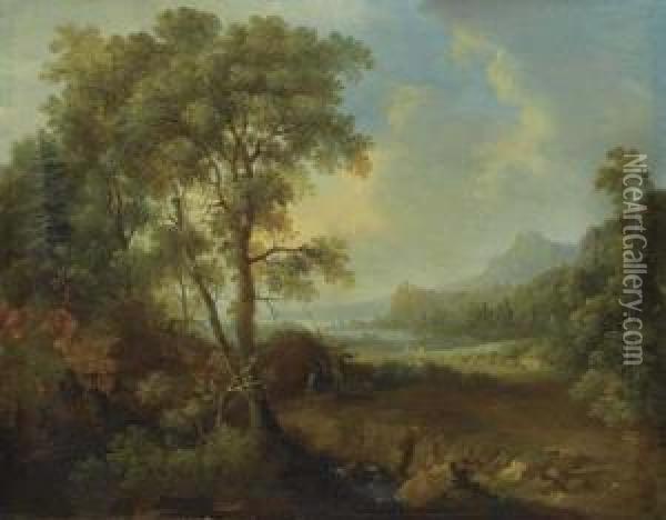 River Landscape. Oil Painting - Leonhard Trippel